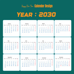 Happy new year 2026 calendar design with all 12 months displayed on white squares against a green background