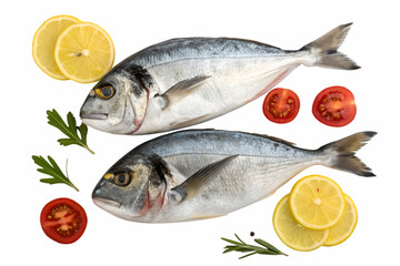 Two whole raw sea bream fish with lemon slices and tomatoes on black dorado