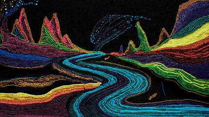 Beaded River and Mountains Poster – Landscape of flowing river and mountains crafted from multicolored beads, glowing highlights, Native American Day, empty bottom space for text, artistic poster