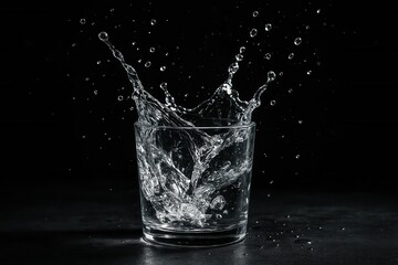 Latvia, Kandava, 2025-08-23, Latvijas kauss A moment of refreshment captured as water splashes into a glass on a dark backdrop