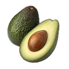 Whole and halved avocado with brown seed on black background whole avocado pit