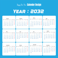 Happy new year 2032 calendar design with all months displayed on a blue background