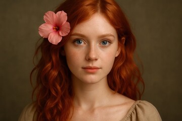 Latvia, Kandava, 2025-08-23, Latvijas kauss A young woman with fiery red hair adorned with a delicate pink hibiscus flower, her eyes gently closed in a moment of peaceful contemplation