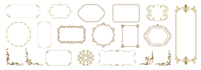 Elegant vintage golden vector frames and borders collection. Ornamental decorative shapes for invitations, certificates, wedding cards, luxury labels, and classic design templates.