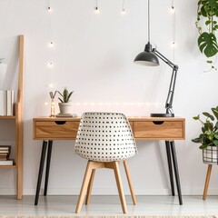 Minimalist Dorm Desk Setup with LED Lights, White Accents, Cozy Atmosphere, Home Office, Indoor, Stylish View