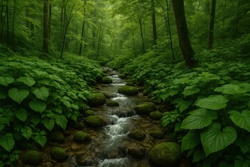 Fototapeta premium Latvia, Kandava, 2025-08-23, Latvijas kauss A Gentle Stream Flows Through a Lush Forest