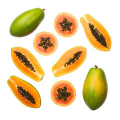 Assorted papaya fruit whole cut halves and slices on black tropical food
