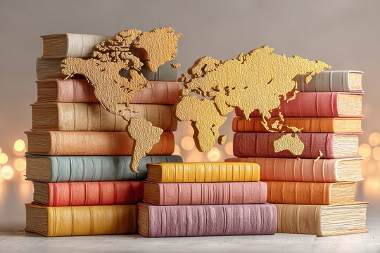 Stacks of colorful old books with a golden world map overlay, symbolizing global education and knowledge. - Powered by Adobe