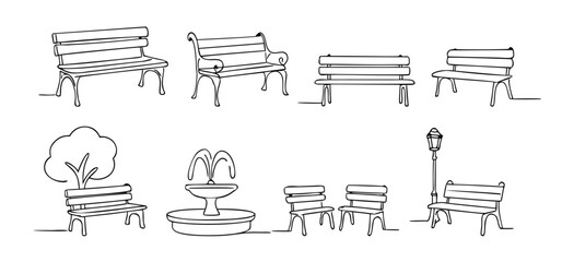 Line art bench set with different park benches, tree, fountain and lantern. Minimal bench illustration in black and white, decorative bench sketch for city, garden, urban design and outdoor art.