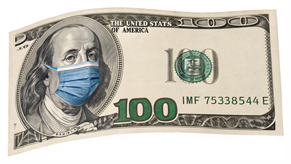 Benjamin Franklin wearing blue medical mask on U S one hundred dollar bill 100 dollar bill blue mask