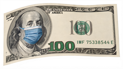Benjamin Franklin wearing blue medical mask on U S one hundred dollar bill 100 dollar bill blue mask