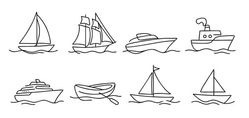 Set of line art boat illustrations. Minimal abstract boat and ship outline design with sailboat, cruise boat, motorboat, yacht and rowboat, nautical vector sketch for travel and marine art