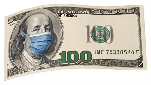 Benjamin Franklin wearing blue medical mask on U S one hundred dollar bill 100 dollar bill blue mask