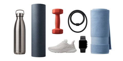 A curated collection of modern fitness and workout equipment is neatly arranged on a pristine white background.