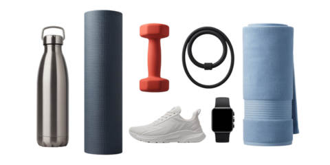 A curated collection of modern fitness and workout equipment is neatly arranged on a pristine white background.