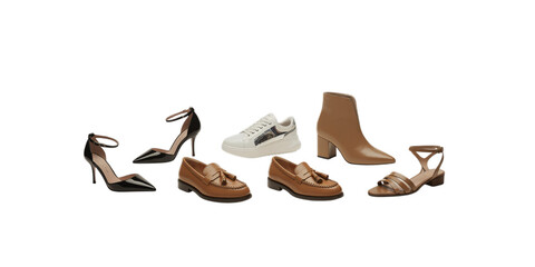 A diverse collection of women's shoes, from high heels to sneakers, is presented on a transparent background.