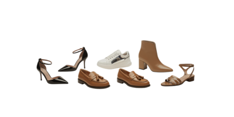 A diverse collection of women's shoes, from high heels to sneakers, is presented on a transparent background.