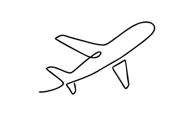 Minimal airplane lineart sketch, simple vector drawing of plane for travel and tourism. Airplane illustration with flight and journey theme, isolated design of plane, vacation trip and adventure air