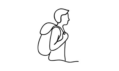 Backpacker traveler silhouette of man with backpack in minimal line art. Hiking and trekking figure in side view, outdoor explorer on trail. Simple vector drawing of traveler backpacker on journey