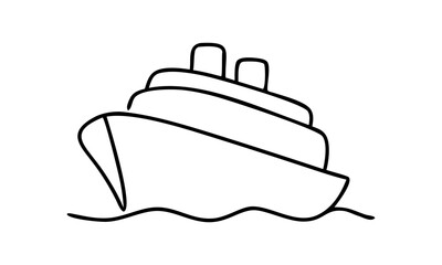 Minimal line art ship and boat in simple outline style. Cruise ship drawing with maritime transport, sea voyage and summer holiday theme. Modern minimalism sketch of boat, ship, and travel design