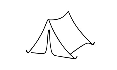 Minimal tent line art for camping and outdoor adventure. Simple black vector drawing of tent with abstract outline style, camping illustration isolated on white, modern travel and nature design