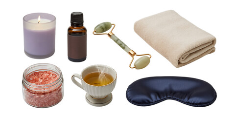 A serene assortment of luxury spa and self-care essentials, featuring a lit candle, essential oil, jade roller, bath salts, steaming tea, a folded towel, and a sleep mask