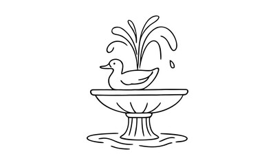 Fountain vector with duck sculpture, classic fountain line art illustration for garden and park. Fountain drawing isolated with water splash, urban decoration and city architecture monument element