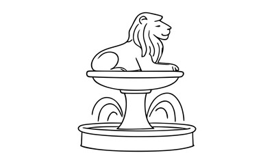 Fountain vector with lion sculpture, classic fountain line art illustration for park, garden and city architecture. Fountain design isolated outline with lion statue, urban decoration and water monume