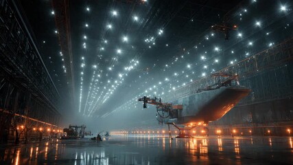 Glowing Hull Processed in Dark Industrial Hangar with Falling Sparks - Powered by Adobe