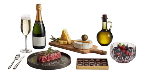 An opulent selection of gourmet dishes and beverages, including sparkling wine, steak, assorted cheeses, fresh berries, olive oil, and chocolates, meticulously arranged as a transparent PNG.