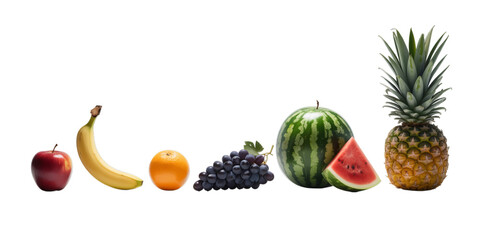 A vibrant assortment of fresh, healthy fruits including an apple, banana, orange, grapes, watermelon, and pineapple, artfully arranged on a transparent background.