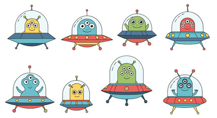A group of funny cartoon aliens inside their flying saucers in space.