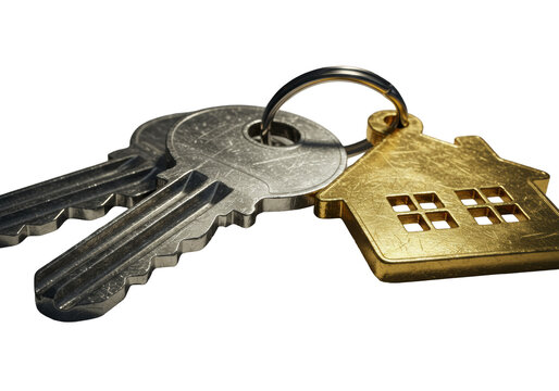 Photorealistic macro extreme close-up, low angle, two polished silver keys, golden house keychain with sharp cutouts, subtle scratches, studio lighting, transparent background, luxury concept of home