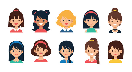A diverse group of smiling cartoon girls avatars with various hairstyles and clothing.