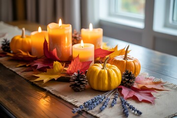 Autumn table centerpiece featuring pumpkins candles pine cones and colorful fall leaves on a table runner