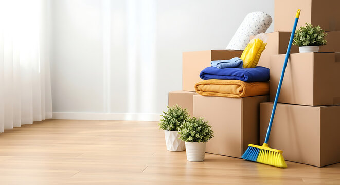 Moving boxes and cleaning supplies in an empty room with wooden floor