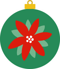 Green Christmas ornament with red poinsettia pattern  flat vector illustration.
Hanging Christmas ornament.
Transparent background.