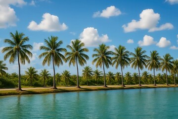 Fototapeta premium Latvia, Kandava, 2025-08-23, Latvijas kauss A line of lush palm trees stands guard over a tranquil body of water, under a vast expanse of azure skies dotted with fluffy white clouds