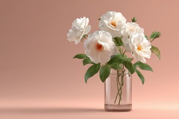 Elegant bouquet of fresh white flowers in a clear glass vase on a soft pink background.
