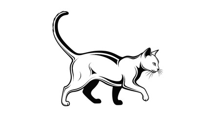 A stylized black and white illustration of a walking cat, showing graceful movement.