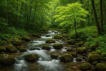 Obraz premium Latvia, Kandava, 2025-08-23, Latvijas kauss A Serene Forest Stream Flows Through a Lush Green Landscape