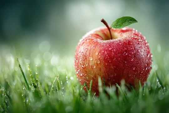 Fresh red apple with sparkling dew, nestled in vibrant green grass. - Powered by Adobe