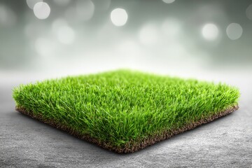 A fresh green grass turf square with soil layers on concrete against a bokeh background.