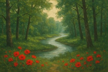 Obraz premium Latvia, Kandava, 2025-08-23, Latvijas kauss A Serene Forest Stream with a Rainbow of Red Flowers