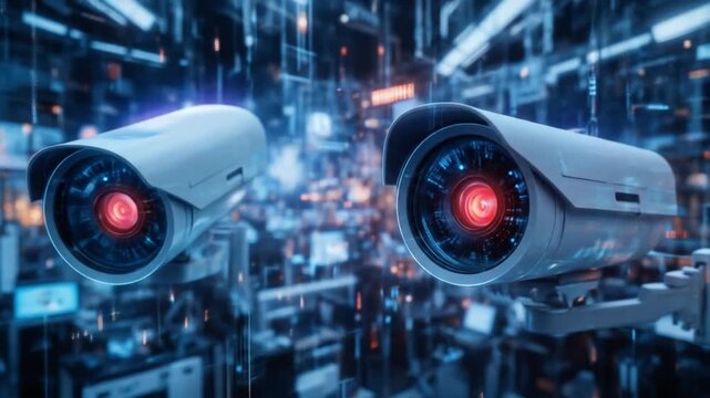 Digital CCTV cameras. Futuristic surveillance system technology concepts. Security and control. Holographic data elements. 4K video.