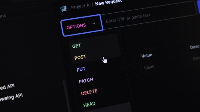 Digital API client interface displaying a dropdown menu with essential HTTP methods like GET, POST, PUT, PATCH, DELETE, HEAD, pivotal for modern web service development and testing workflows