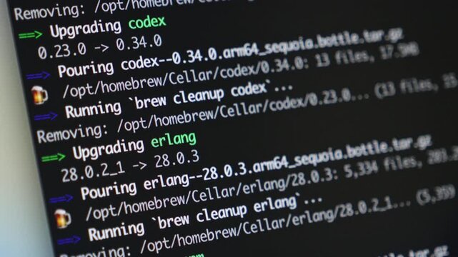 Terminal screen displaying software upgrade output for 'codex' and 'erlang', representing modern programming, system administration, and technical operations