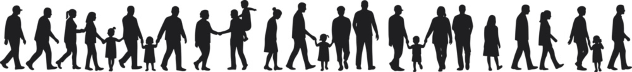 Flat vector silhouette of diverse people walking, standing, interacting, family and children, human movement, social connection, black illustration
