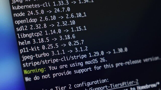 Programming code displays software updates, package versions, and system information on a dark terminal, essential for IT development, server management, and modern digital solutions