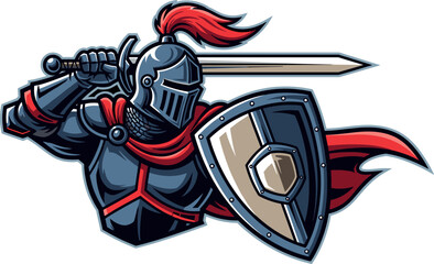 Medieval knight illustration, armored warrior with sword and shield, red cape, battle-ready pose, fantasy character design, heroic fighter, vector artwork, dark theme